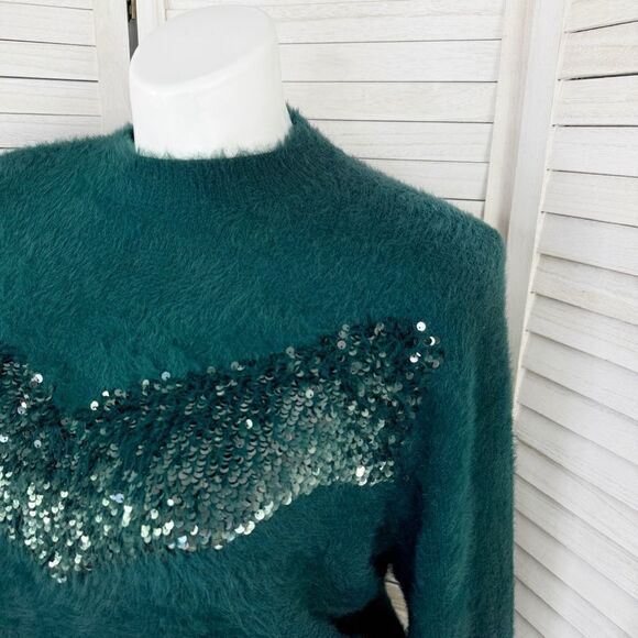 Nine West x Cara Santana Sweater Sequin Fuzzy Teal Green XXL Pullover - Picture 6 of 13